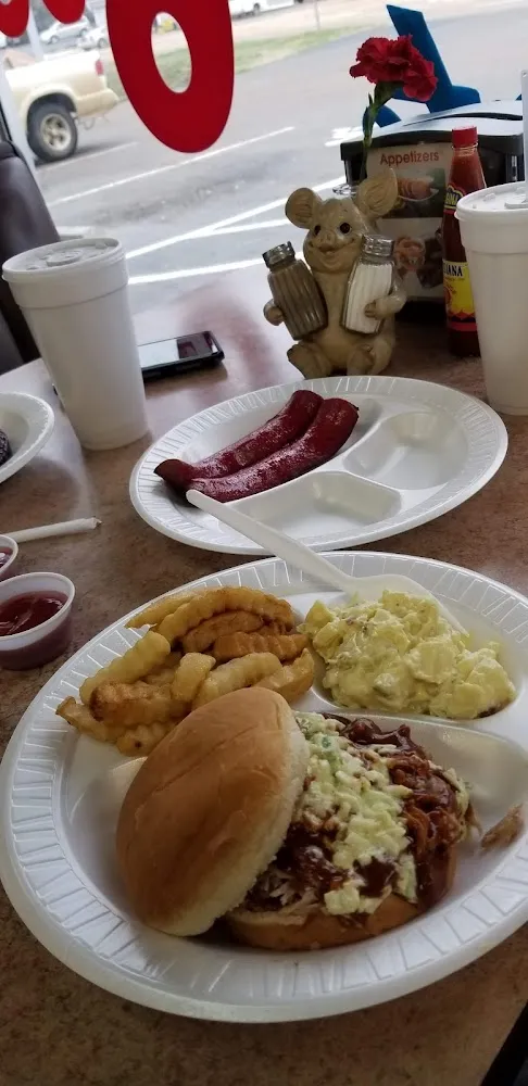 Small Pulled Pork Sandwich Platter Potato Salad & Fries & a Piece of Smoked Sausage
